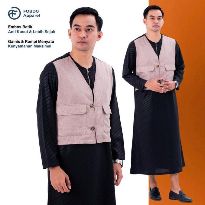 FOBDG Gamis Rompi Pria Lengan Panjang Jubah Hitam Terbaru Bahan Wolfis dengan Rompi dan Motif Batik