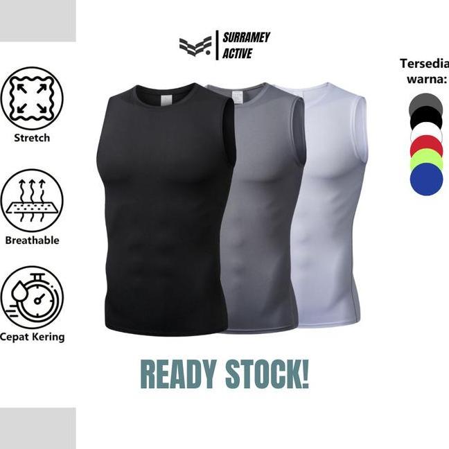 Surramey Baselayer Kaos Singlet Olahraga Sleeveless Baju Sport Compression Shirt Pria Tanpa Lengan E
