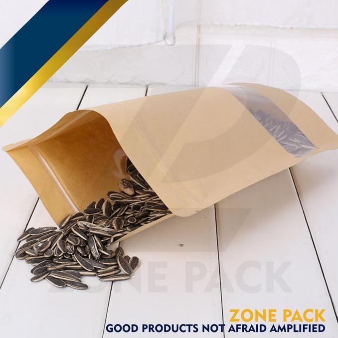 Sutoreji- (12X20 Cm) 50 Pcs Standing Pouch Craft Windows Coklat I Kemasan Kopi I Kemasan Paper Ziplo