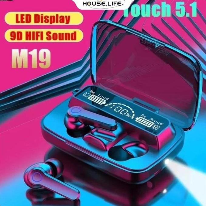 HEADPHONE BLUETOOTH 5.1 EARBUD M19 TWS NIRKABEL LED DIGITAL POWER DISPLAY BASS STEREO