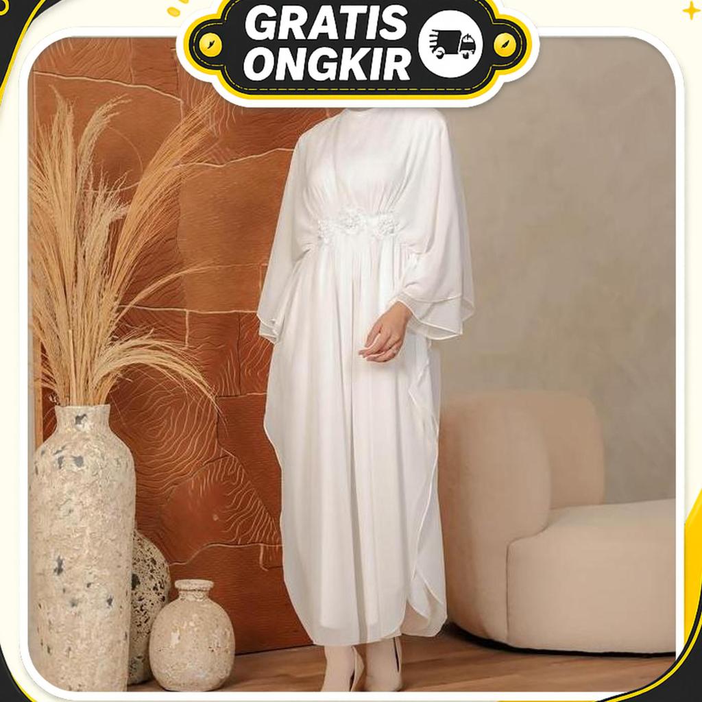 Gamis Nayla Kaftan Brukat Putih 58 - Gamis Kaftan Muslim Wanita Gamis Abaya Lebaran Putih / Umroh Pu