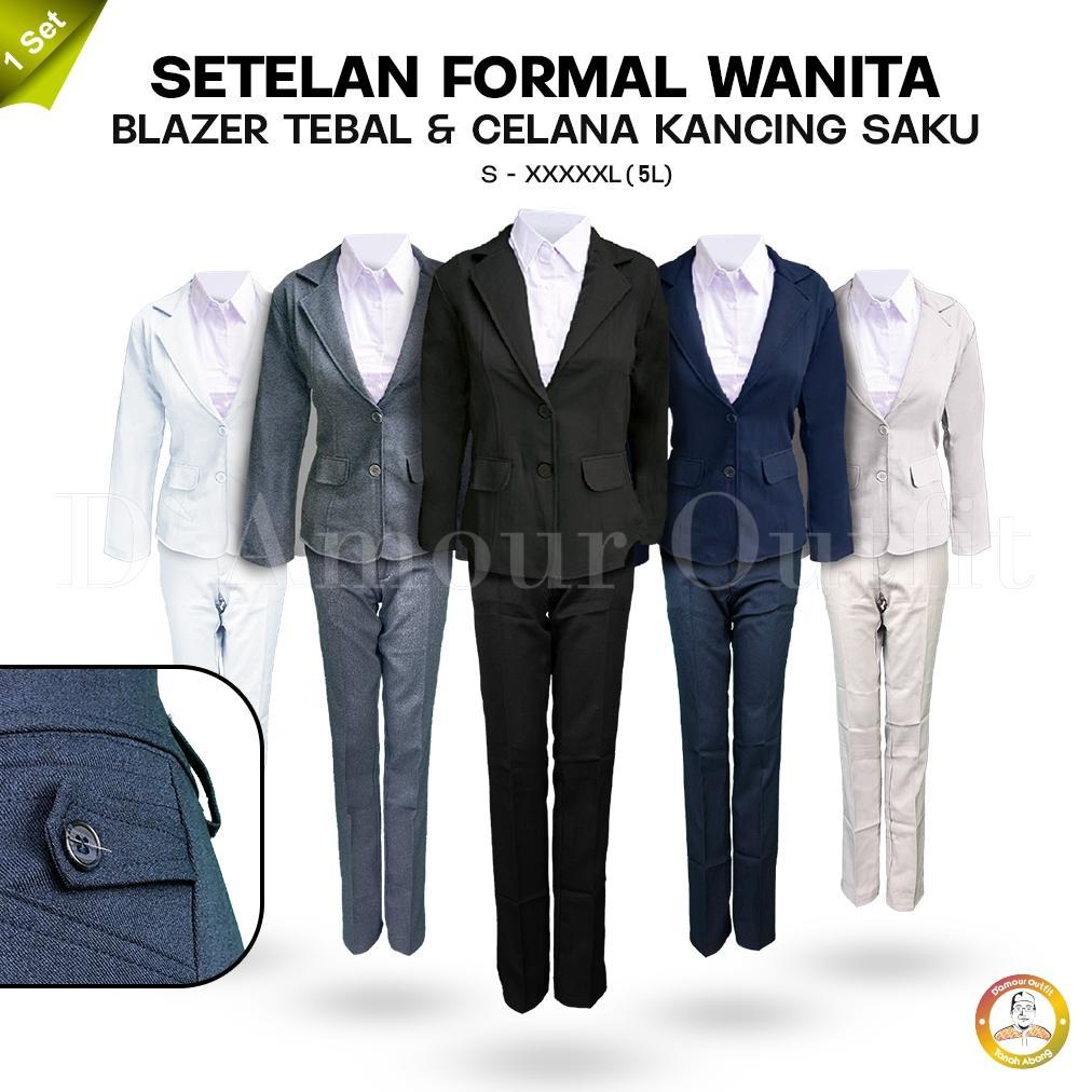 Diskon One Set Setelan Jas Blazer Dan Celana Bahan Kancing Saku Wanita Stelan Jas Kerja Kantor Cewe 