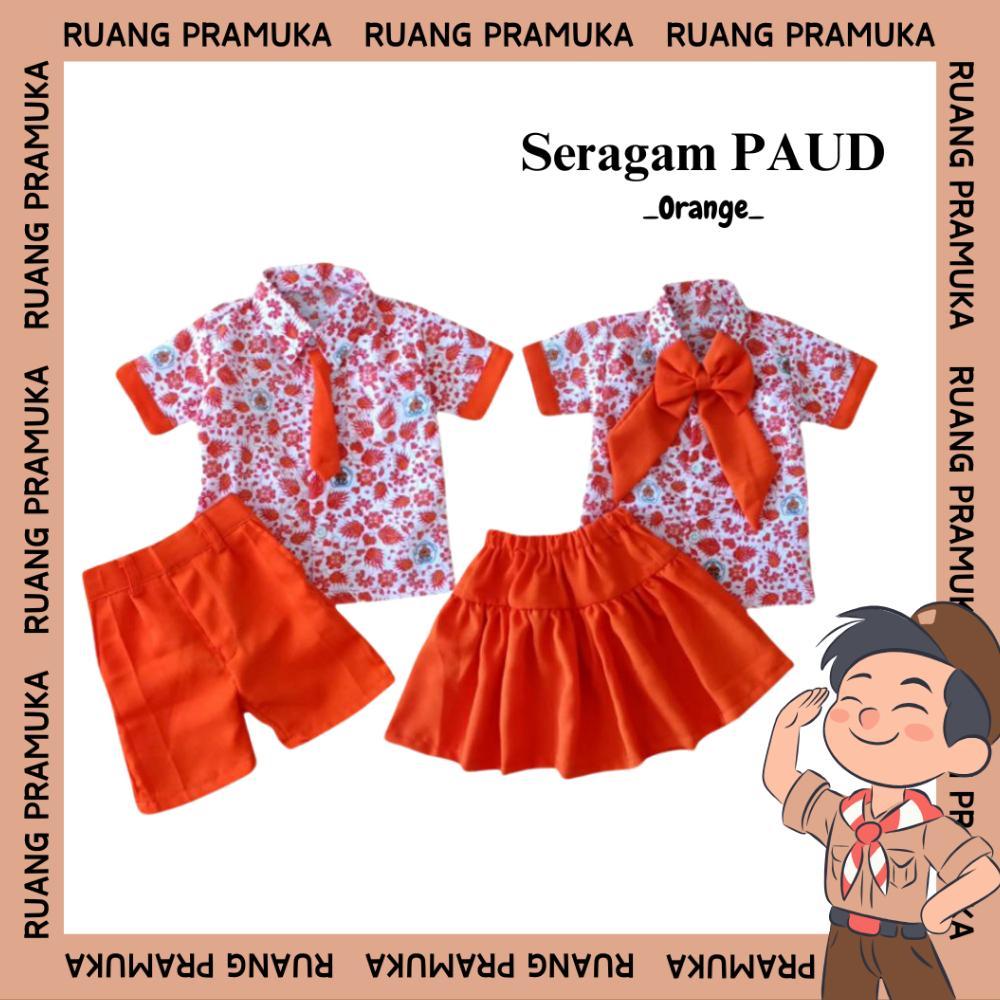 Free Ongkir Baju Batik Paud Orange Seragam Tk Anak Setelan Seragam Sekolah Batik Paud 1-10 Tahun