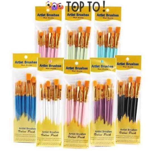 MASSRUSS - Kuas Lukis Cat Air 1 Set Isi 10 PAINT BRUSH Watercolour Oil Paint Round Flat Filbert Pain