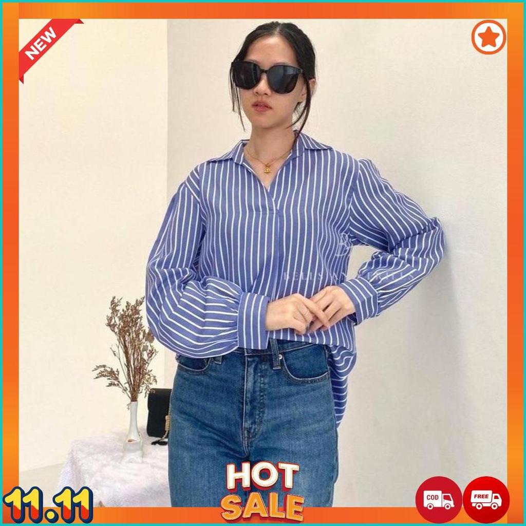 VIOLETA Kemeja Stripes Salur / Blouse Wanita Cotton Casual Look / Atasan Kemaja Kantor 0319-Stripes 