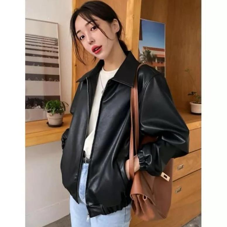 TERLARIS Jacket Kulit Bomber Kerah Wanita Jaket Bomber Kulit Kerah Casual