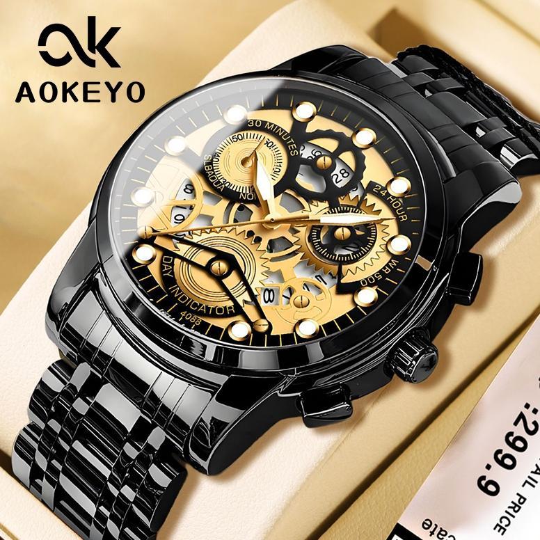 HOT Aokeyo 4088 Jam Tangan Pria Anti Air Original Luxury Stainless Steel Free BOX+Kartu