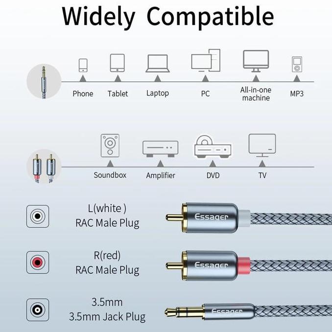 CARACAV Kabel RCA ke Jack Aux 3.5mm - Kabel Audio HiFi 3.5mm to RCA 2 Meter - Essager AV117