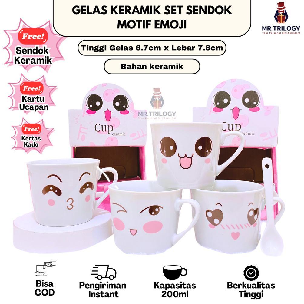 Best Seller Hampers Wedding Gelas Cangkir Set Sendok Emoji Gelas Aesthetic Tea Pot Mug Set Kado Pern