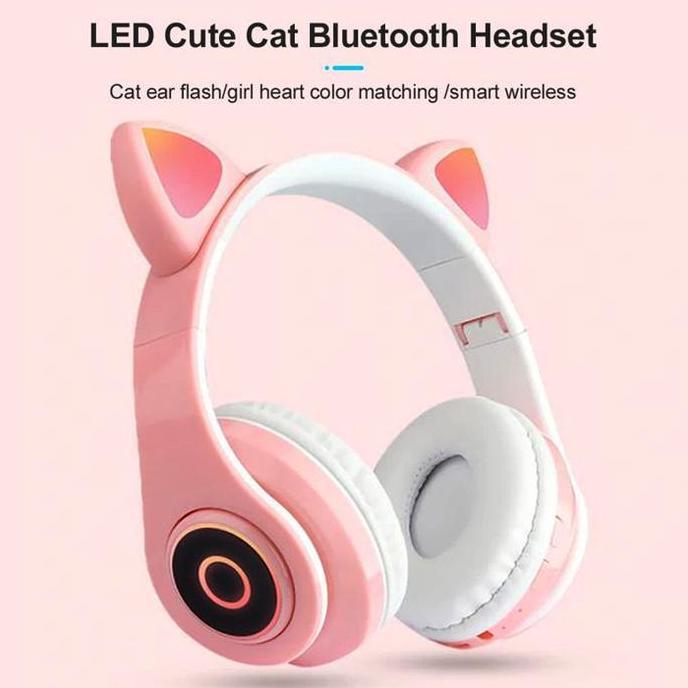 Headphone Bluetooth Wireless Telinga Kucing Lucu TF Card AUX Mic LED