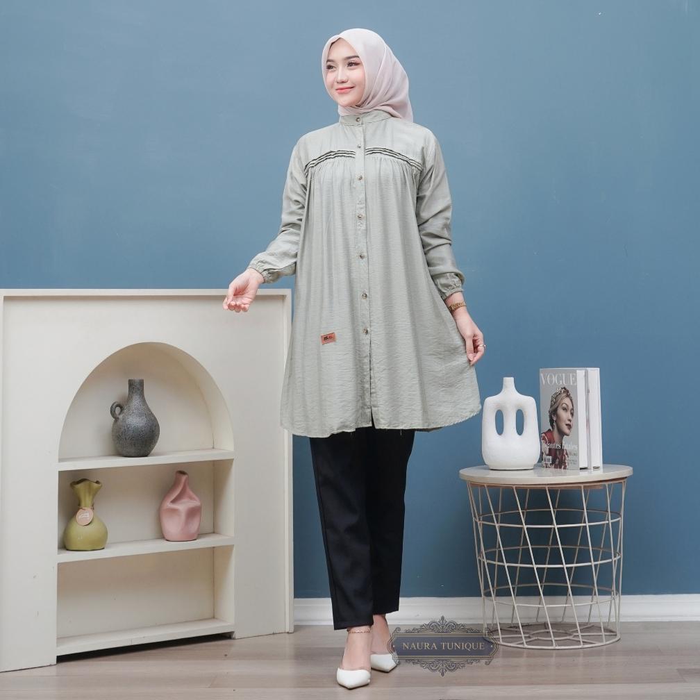 FAVORIT ( JUMBO ) Kaisa Tunik Polo Linen Kemeja Long Tunik Atasan wanita LD 110-130 by NAURA TUNIQUE