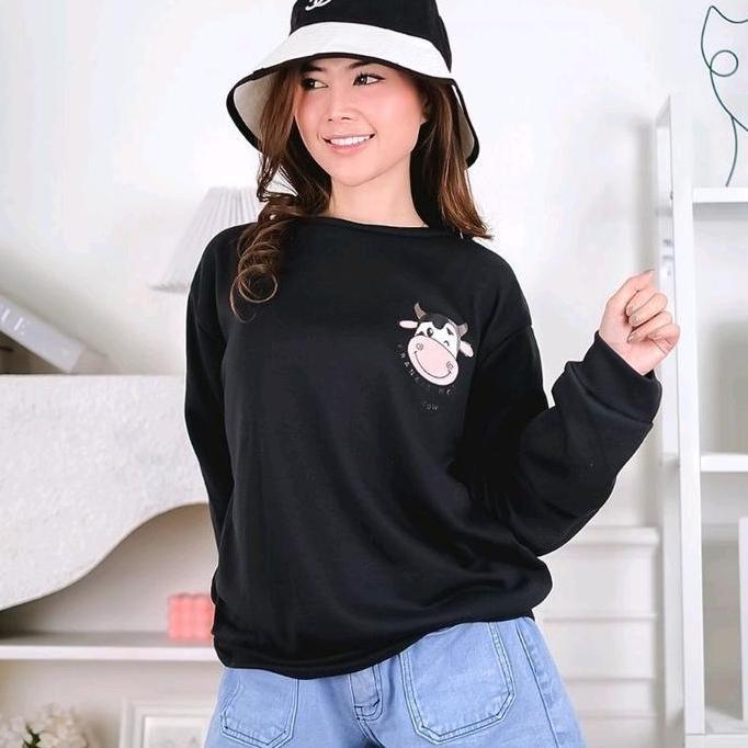 Sweater Fleece Logo Motif Sapi Lucu / Sweater Baju Wanita Korean Style Cow Sweatshirt Oblong Fit Ter
