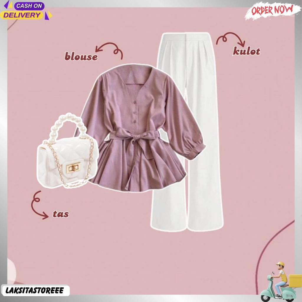 Oneset 3In1 Wanita Blouse Korean Premium & Celana Kulot Jennie Knit & Tas Jelly Glossy Mini 41B Harg