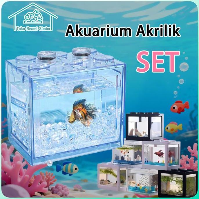 1kondangjayabadi - Set LengkapAkuarium Mini Akrilik 12x8cm dengan Lampu LED & Dekorasi Aquarium Ikan