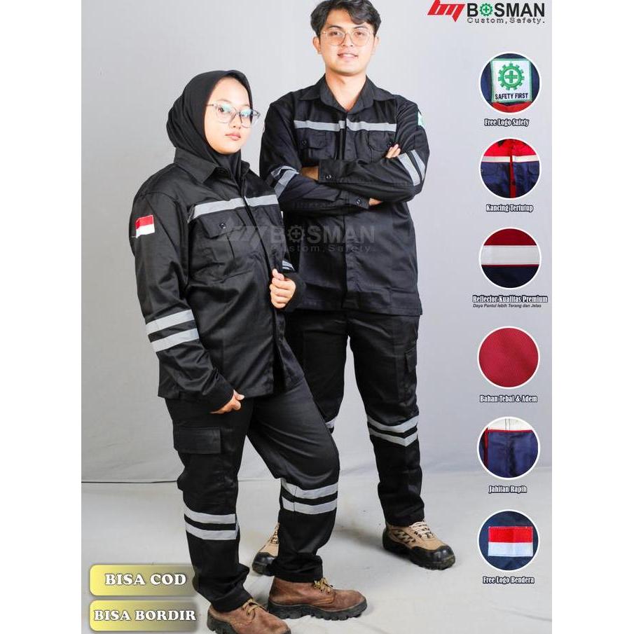 Suhartatishop - Setelan wearpack safety-hitam polos-atasan bawahan safety pria dan wanita-kemeja ker