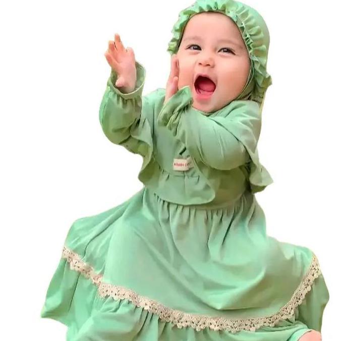NEW MALIKA GAMIS PAKAIAN MUSLIM ANAK PEREMPUAN PLUS HIJAB BAHAN JERSEY PREMIUM KOMBINASI RENDA MOKA 