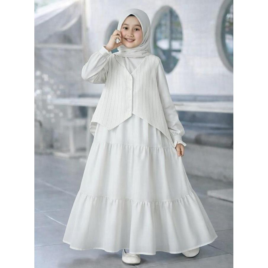 NEW GAMIS ANAK PREMIUM STRIPE VEST OUTER SYARI | BAJU LEBARAN ANAK PEREMPUAN CANTIK & NYAMAN ORI