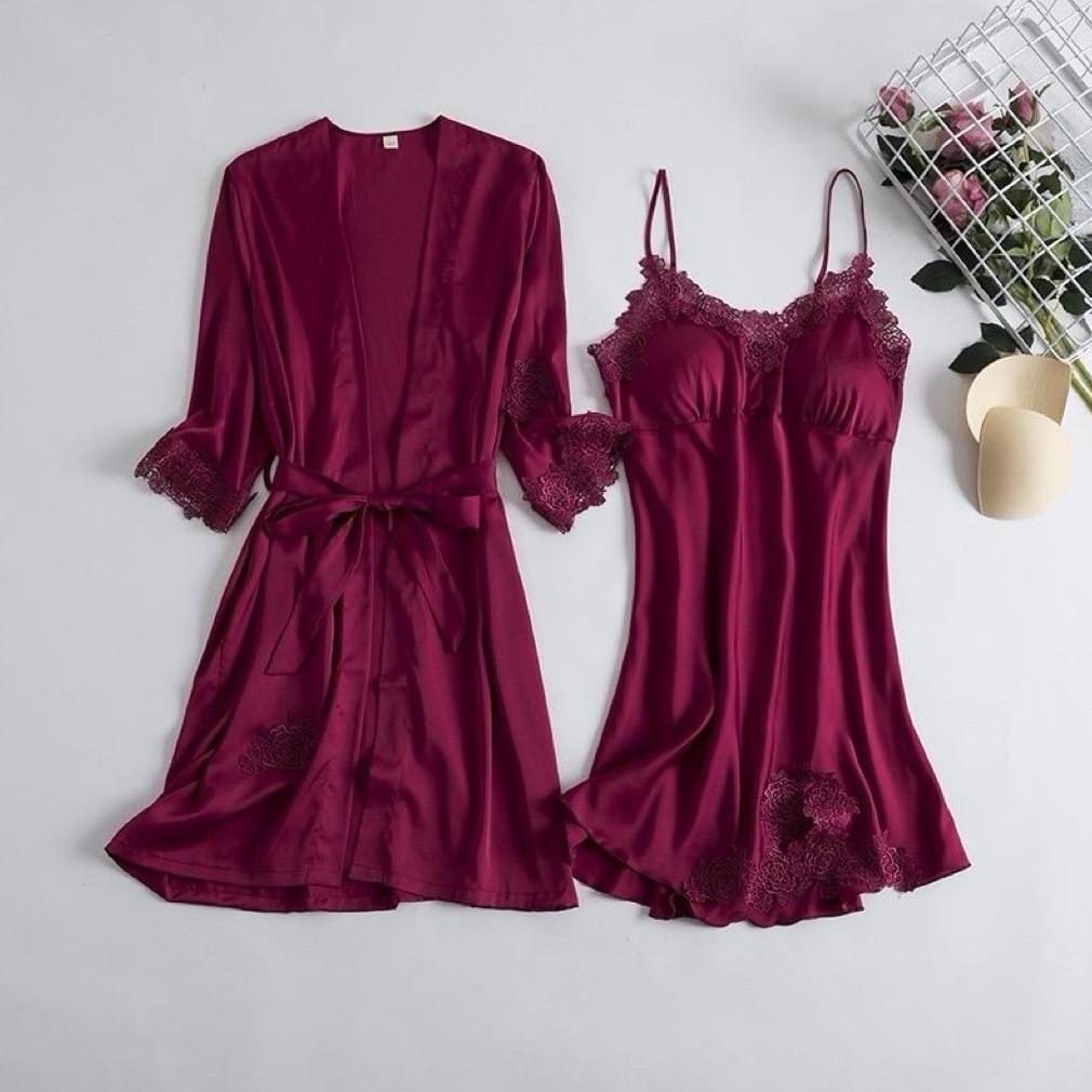 bestpromo victoria - kimono one set dress+outer lingerie ice silk kimono panjang baju tidur wanita p