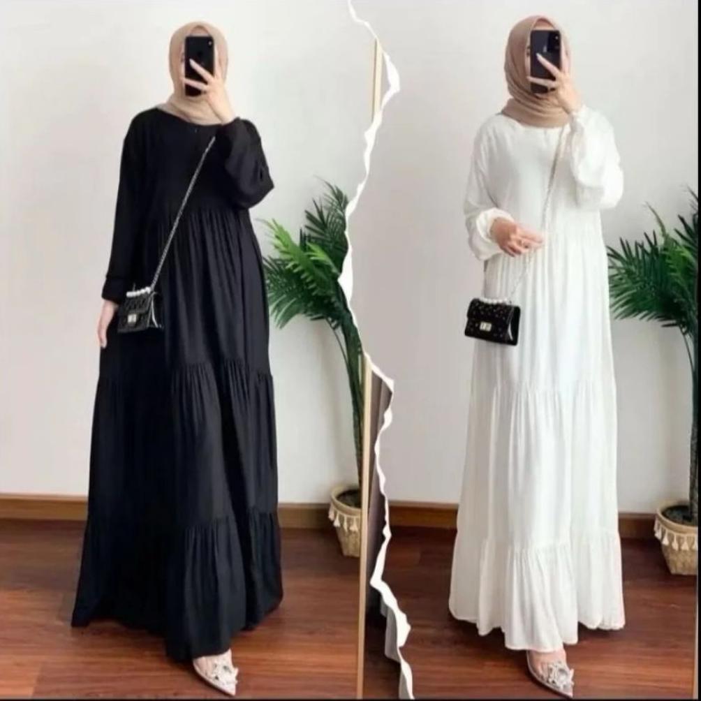 Official Gamis Hitam Putih Rempel Susun Bahan Rayon Premium / Busana Muslimah Terbaru / Gamis Terbar