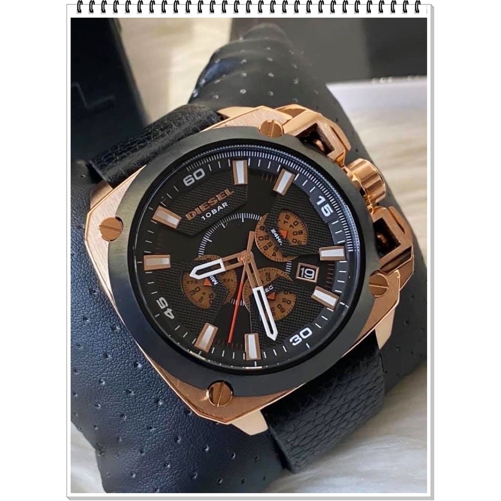 Diesel DZ7346 Men's Watch Bold Square Chronograph with Black Dial Leather Strap