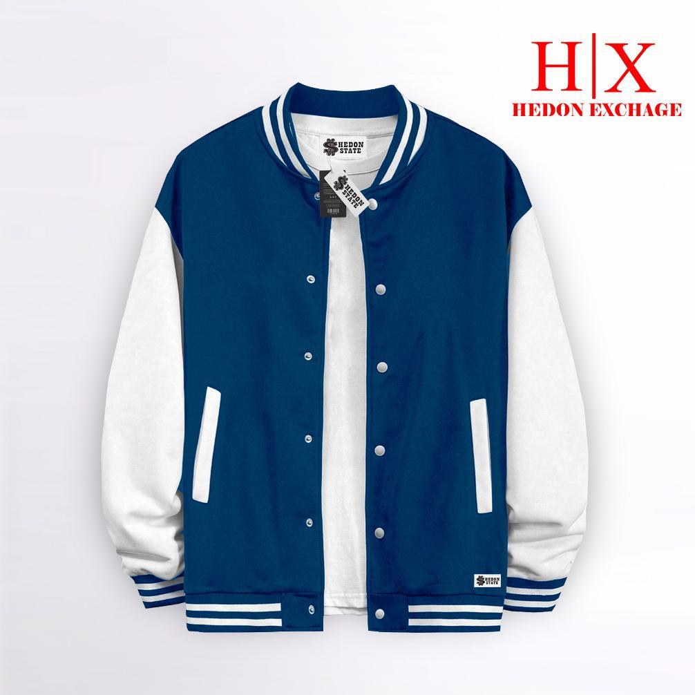 FAVORIT HEDON STATE Jacket Varsity Baseball Kancing Polos Hitam Putih Pria Wanita Unisex Kekinian