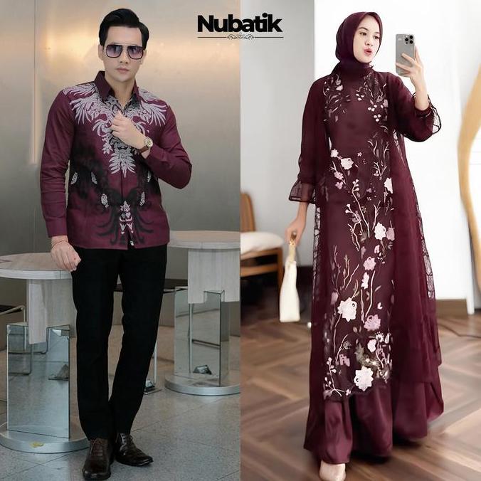 UPFRADE STYLE  New Arrival - Couple maxi dress gamis BURGUNDY kemeja batik lapis furing outfit lebar