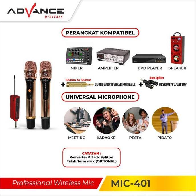 Murah Advance Mic-401 / Mic-402 / Mic-403 Double Microphone Wireless Garansi Resmi Advance 1 Tahun