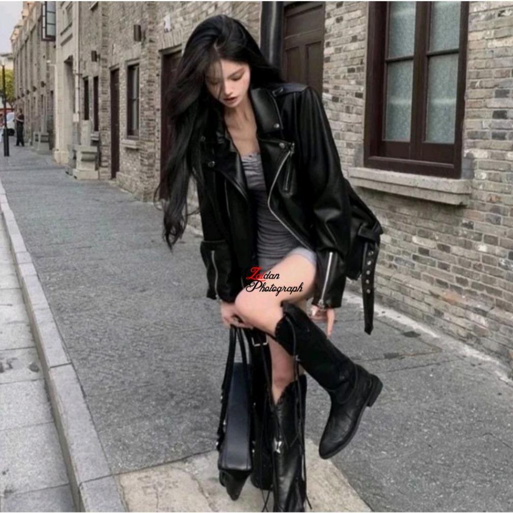 PREMIUM Jaket Wanita Vintage Kulit Sintetis Basis Ramones Punk Leather Korean Style Terbaru