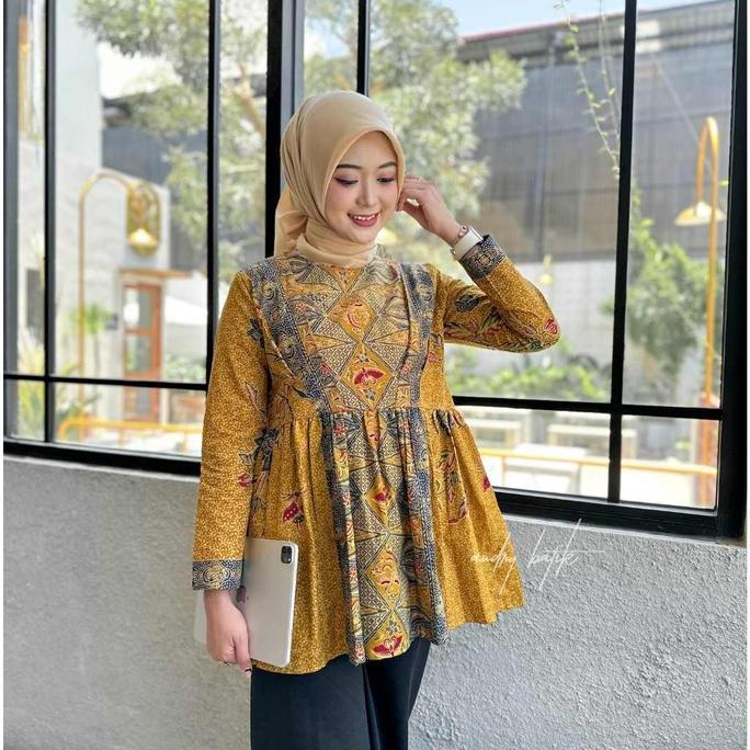 DISKON Audry - Kemala - Baju Blouse Batik modern Wanita Muslim Lengan Panjang Premium Katun Halus Ba