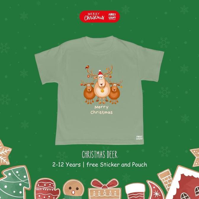 First Light - Kaos T-shirt Anak Natal - Christmas deer - Warna Sage Green