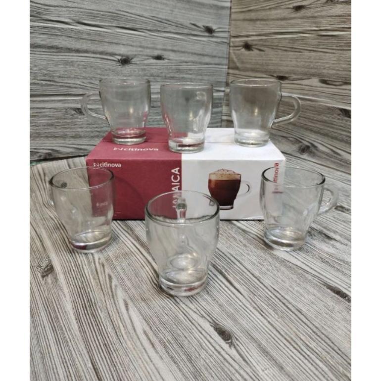 1 Set Isi 6 Buah Gelas Jamaica/Gelas Kopi Murah/Gelas Kopi Gagang/Cangkir Kaca Estetik