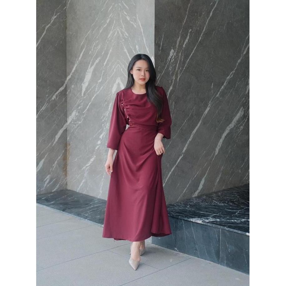 Keepgoing- Yeona Dress Cotton Draped Meh Elegant / Dress Lengan Panjang Bertali Casual