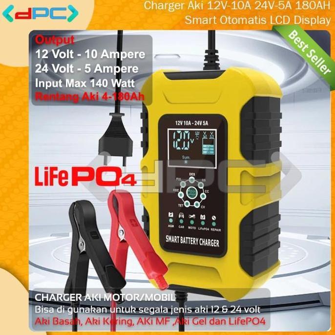 TERBARU - Foxsur Charger Aki 12V-10A 24V-5A 180AH Smart Auto LCD Display