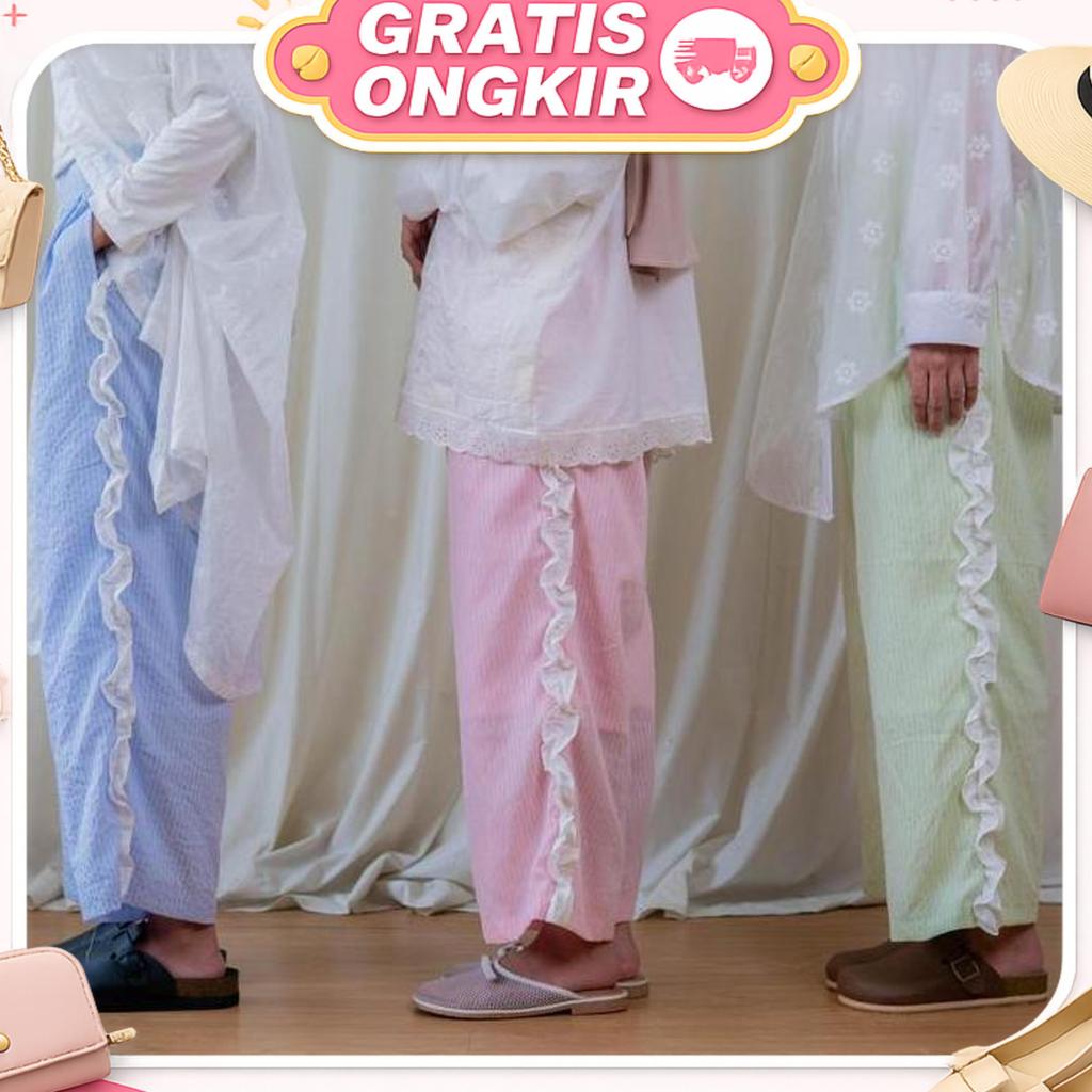 Ruffle Pants - Celana Wanita Panjang Bahan Katun Crinkle Dengan Ruffle Di Bagian Samping - Celana Lu