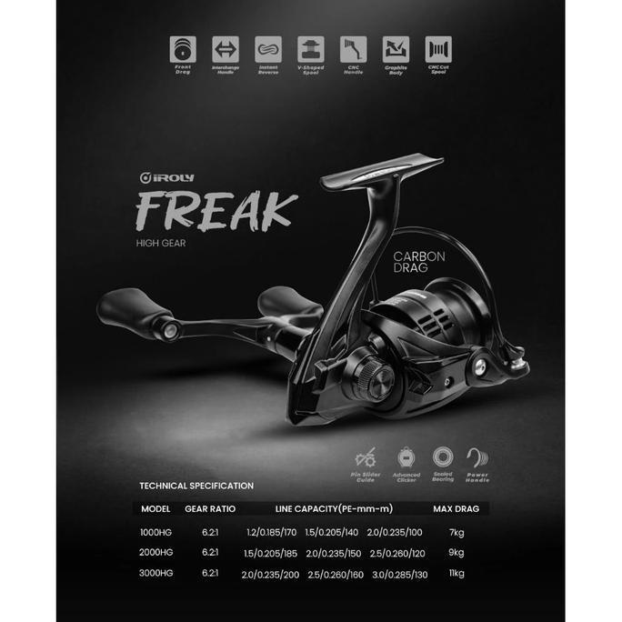 TERBARU - IROLY FREAK SPINNING REELS REEL PANCING SPINNING GRAPHITE BODY CNC HANDLE CUT SPOOL