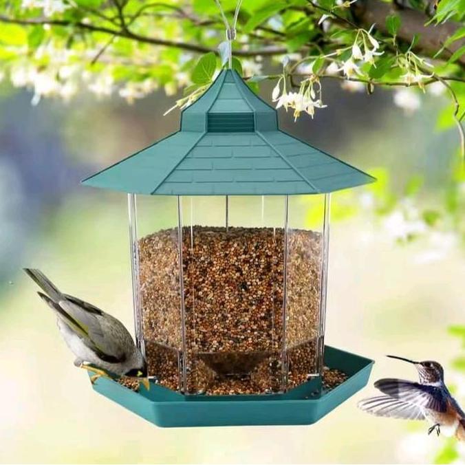 Rumah Gazebo Gantung Tempat Makanan Burung Liar Hijau PP+PSS 19x23cm Kapasitas 500ml untuk Dekorasi 