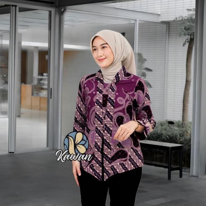 TERBARU  Kebaya Batik Atasan Kerja Kantor Busui Resleting Depan Wanita Blus batik Warna Soft Blue Bi