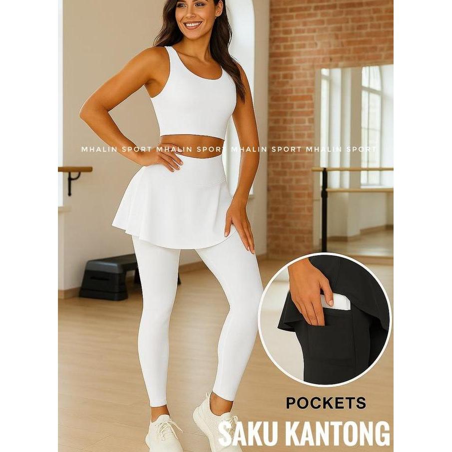 Mantapbetul- Legging Rok Sport Senam Aerobic Ada Kantong Samping - Rok Legging Senam Putih Polos