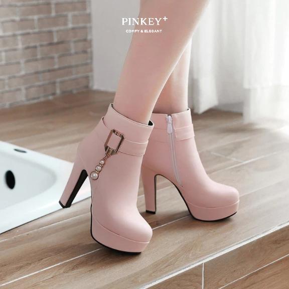 CUCI GUDANG PINKEY P115 BOOTS WANITA HEELS 11CM CHUNKY PLATFORM BLACK / BEIGE / PINK (SIZE 3842)