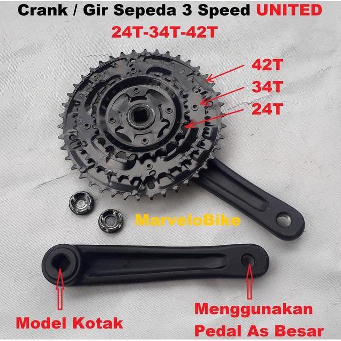 Crank Gir Depan Sepeda 3 Speed 24-34-42T Alloy Merk UNITED