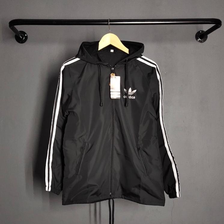 Murah Jaket Pria Parasut Adidas Windbteaker Hitam List Putih Xl Xxl - Jaket Parsut Jumbo - Jaket Ola