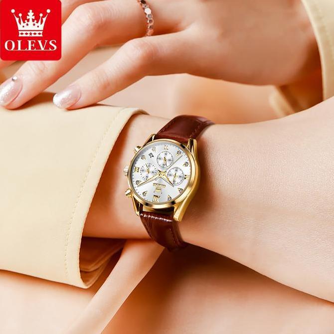 Toki- Olevs Jam Tangan Nita Anti Air Multifungsi Luminous Kalender Kulit Casual Putih Chrono Aktif W