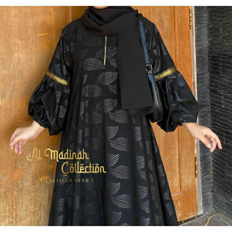 TERBARU Abaya Shiva/Abaya Embos Lengan Balon Temboro Wolfis Hitam Full Motif Gamis Muslim Wanita