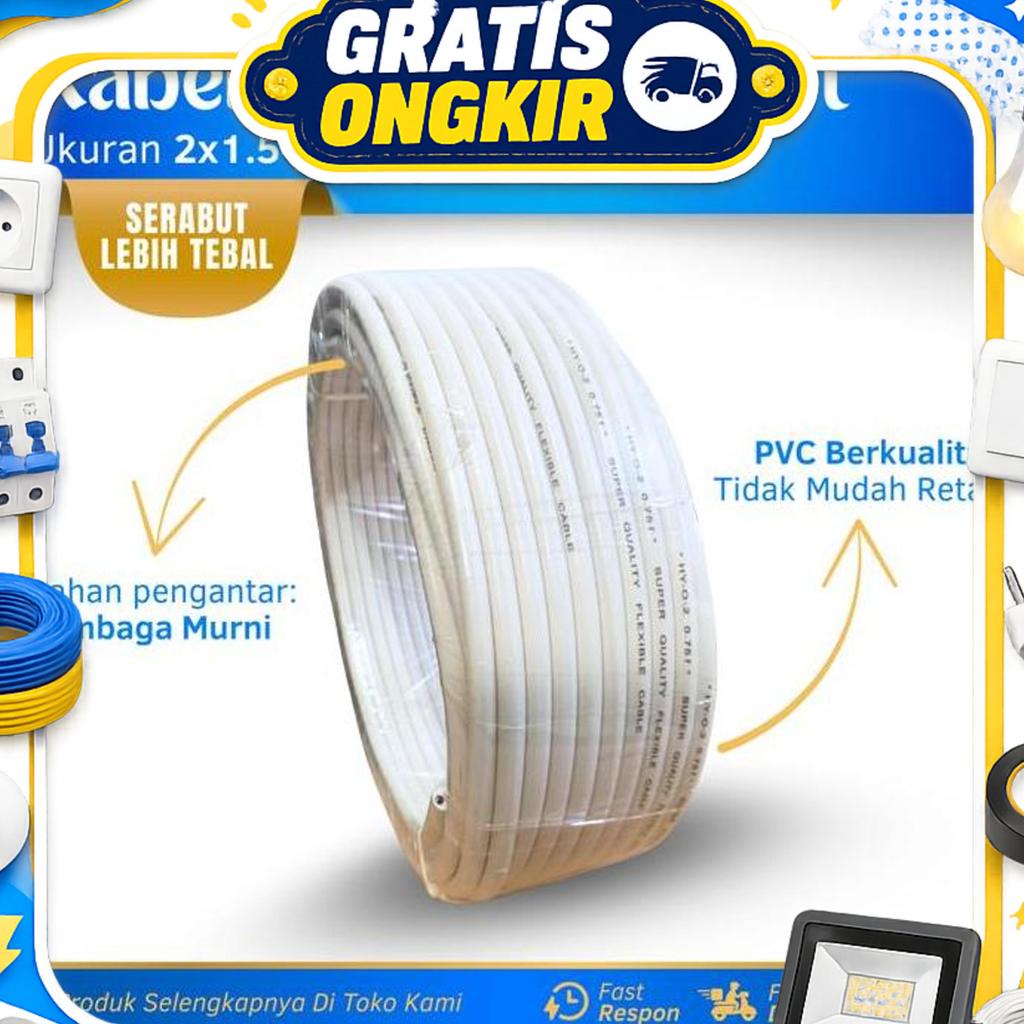 Kabel Listrik Serabut 2X1.5Mm 1 Roll 50 Yard Kabel Listrik Tembaga Murni 2X1.5 Warna Putih Kabel Lis