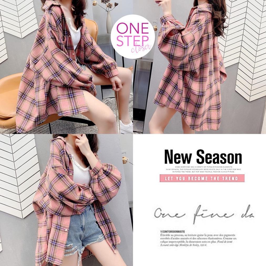 Grade Ori One Step Closer Kemeja Wanita Flanel Oversize Bubble Sleeve Korea Style (S1-010-9077)