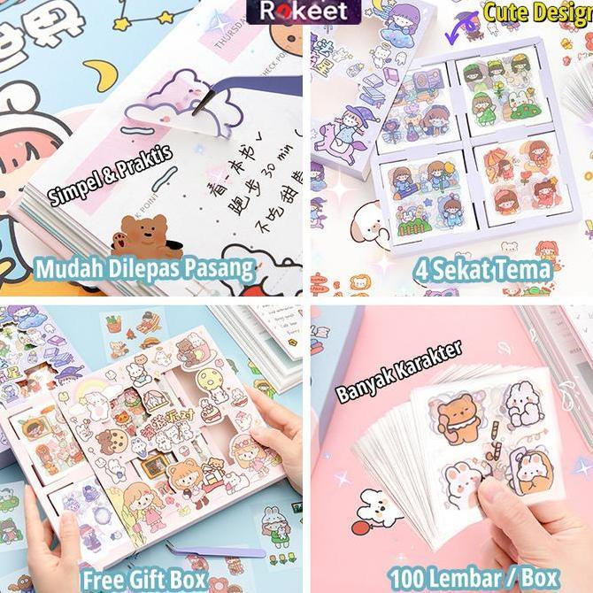 Rokeet Cute Sticker Gift Box Waterproof Isi 100 pcs Sticker Aesthetic Lucu