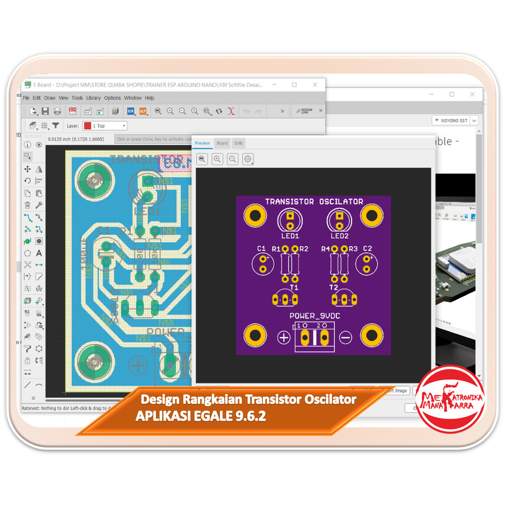 File Gambar Rangkaian Layout PCB Transistor Oscilator - Lampu Flip-Flop bahan ajar soldering