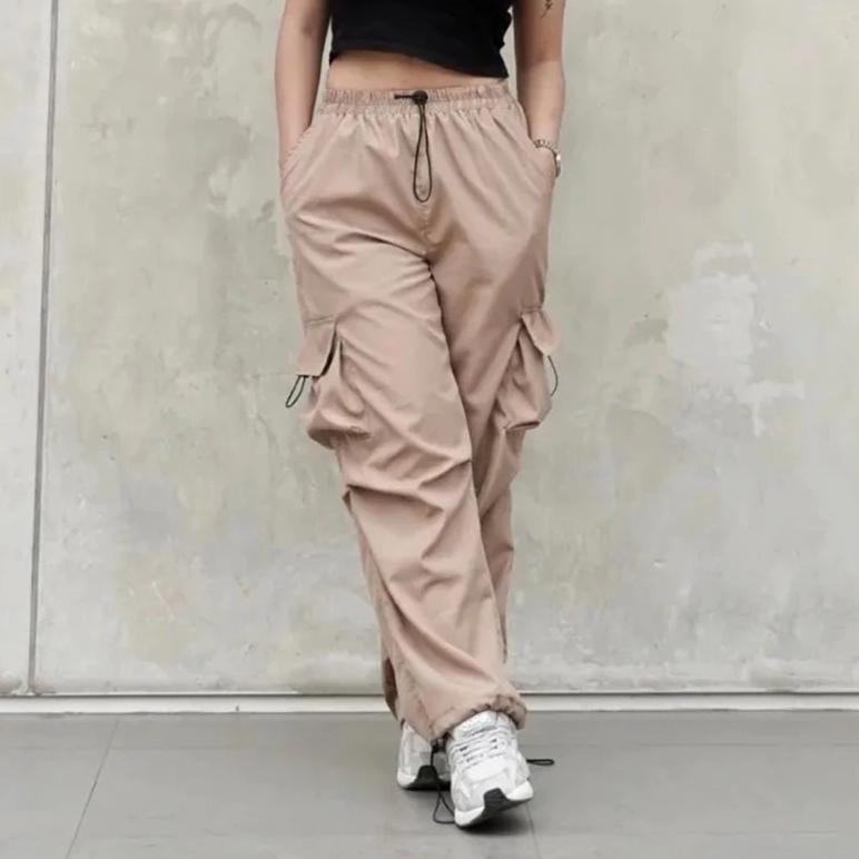 Saless Celana Cargo Serut Wanita Highwaist Pants Korean Style Jumbo Kulot Big Size