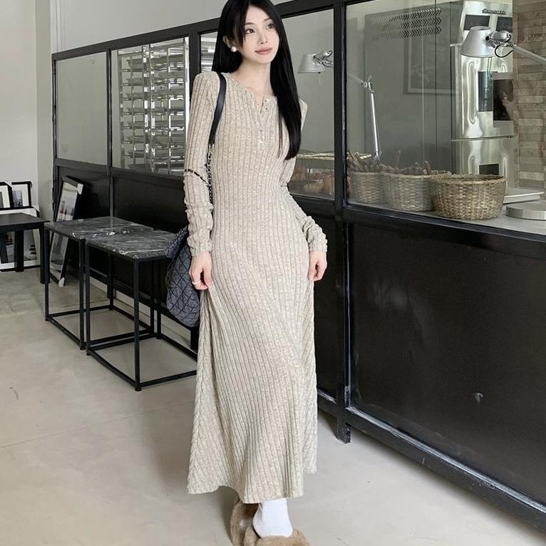 Cuci Gudang Gamis Modern Baju Rajut Korea Bodyfit Dress Panjang Wanita Muslimah Elegan  M670
