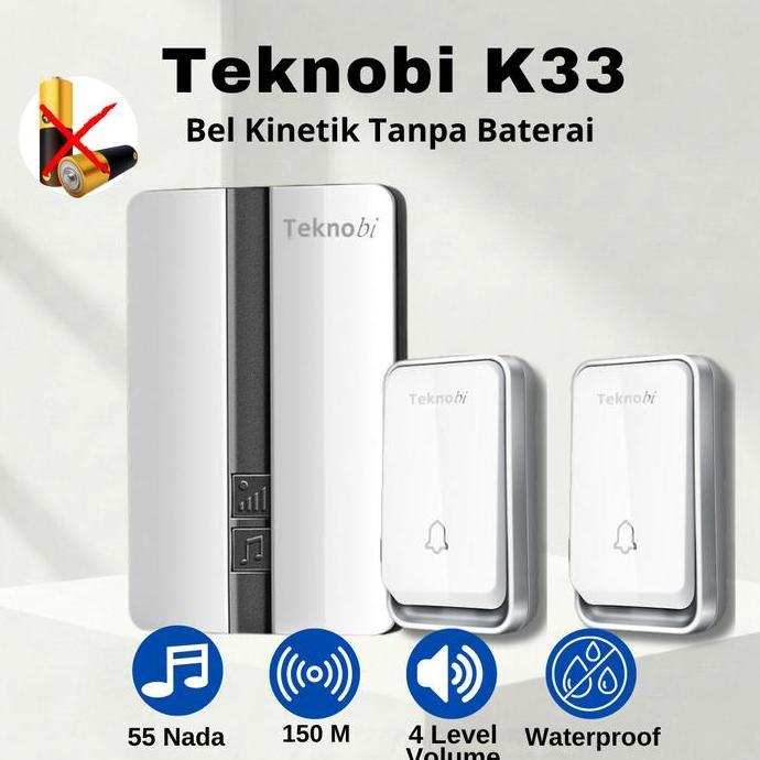 Teknobi Bel Rumah Wireless Kinetik K33 2 Transmitter Tanpa Baterai Tahan Air IP44 dengan Lampu LED R